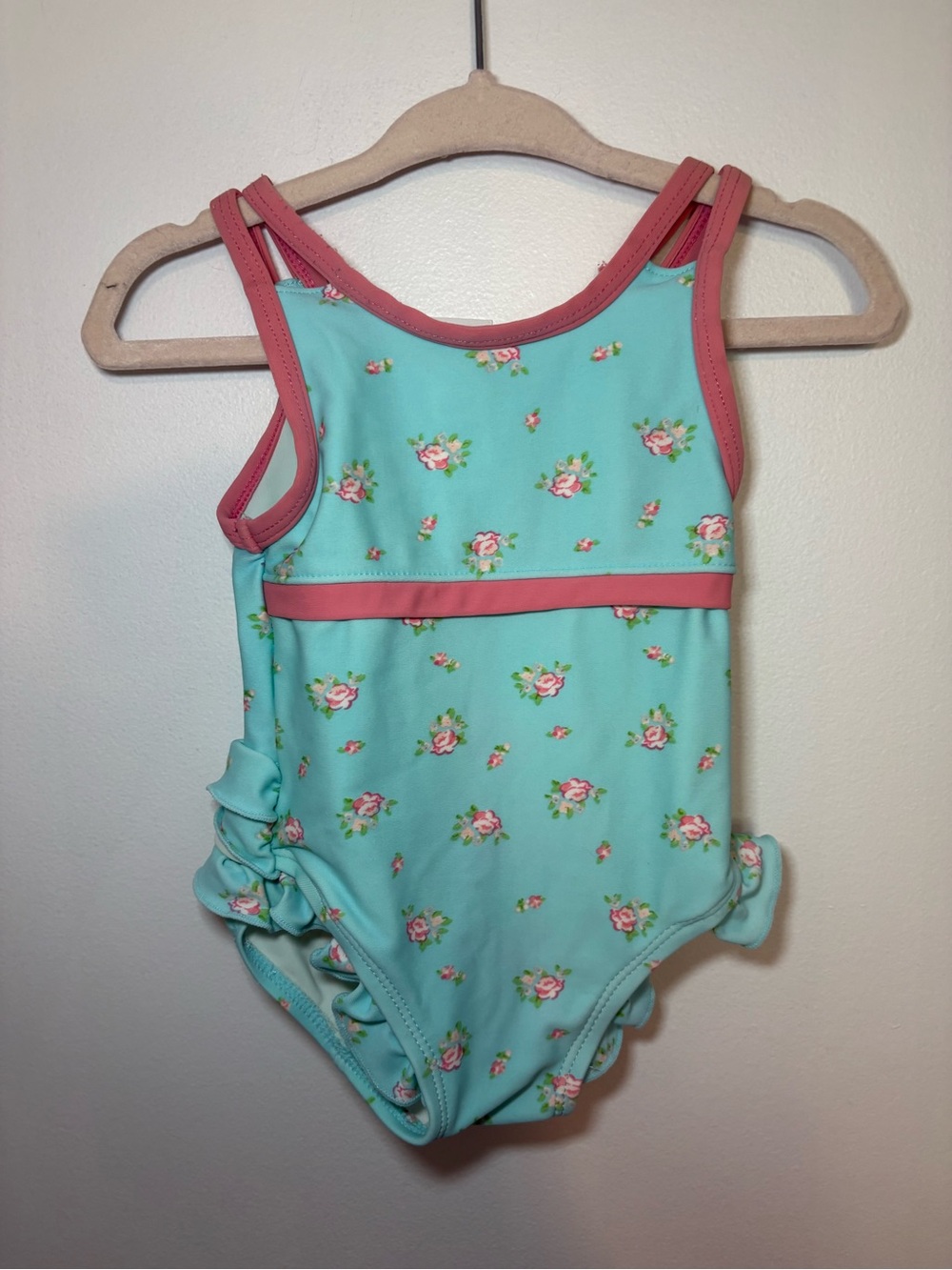 Kids Floral One-Piece Swimsuit in Mint with Pink Trim